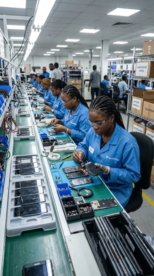 Workers assembling smartphones on an electronics production line in Africa